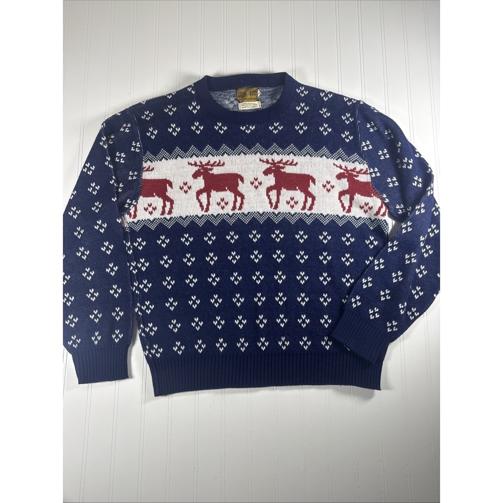 Vintage Gary Reed Sweater Crewneck Pullover Winter Snow Moose Blue Size L‎